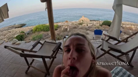 Blonde on a stranger’s dick outside on the patio getting deep