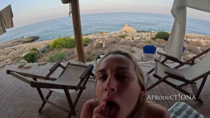 Blonde on a stranger’s dick outside on the patio getting deep