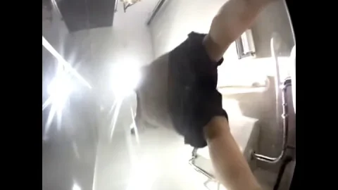 Asian girl in bathroom putting on stockings, showing ass POV