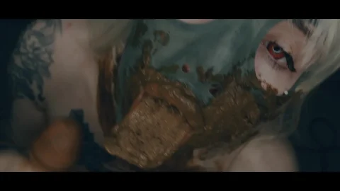 Blonde with tattoos eats her own shit in bed