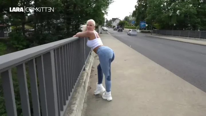 Blonde with tattoos toys her pussy and gets fucked on a bridge